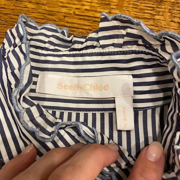 SEE BY CHLOÉ Mock-neck Button-front Striped Tunic Shirt - Picture 8 of 8